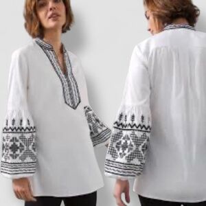 CHICO’S Cotton Poplin Embroidered and Beaded Balloon Sleeve Boho Blouse US Sz 2